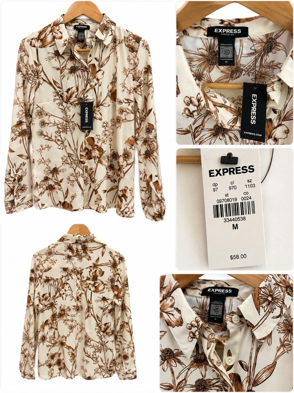 NWT Express Portofino Floral Button Down Blouse Cream Brown Size M